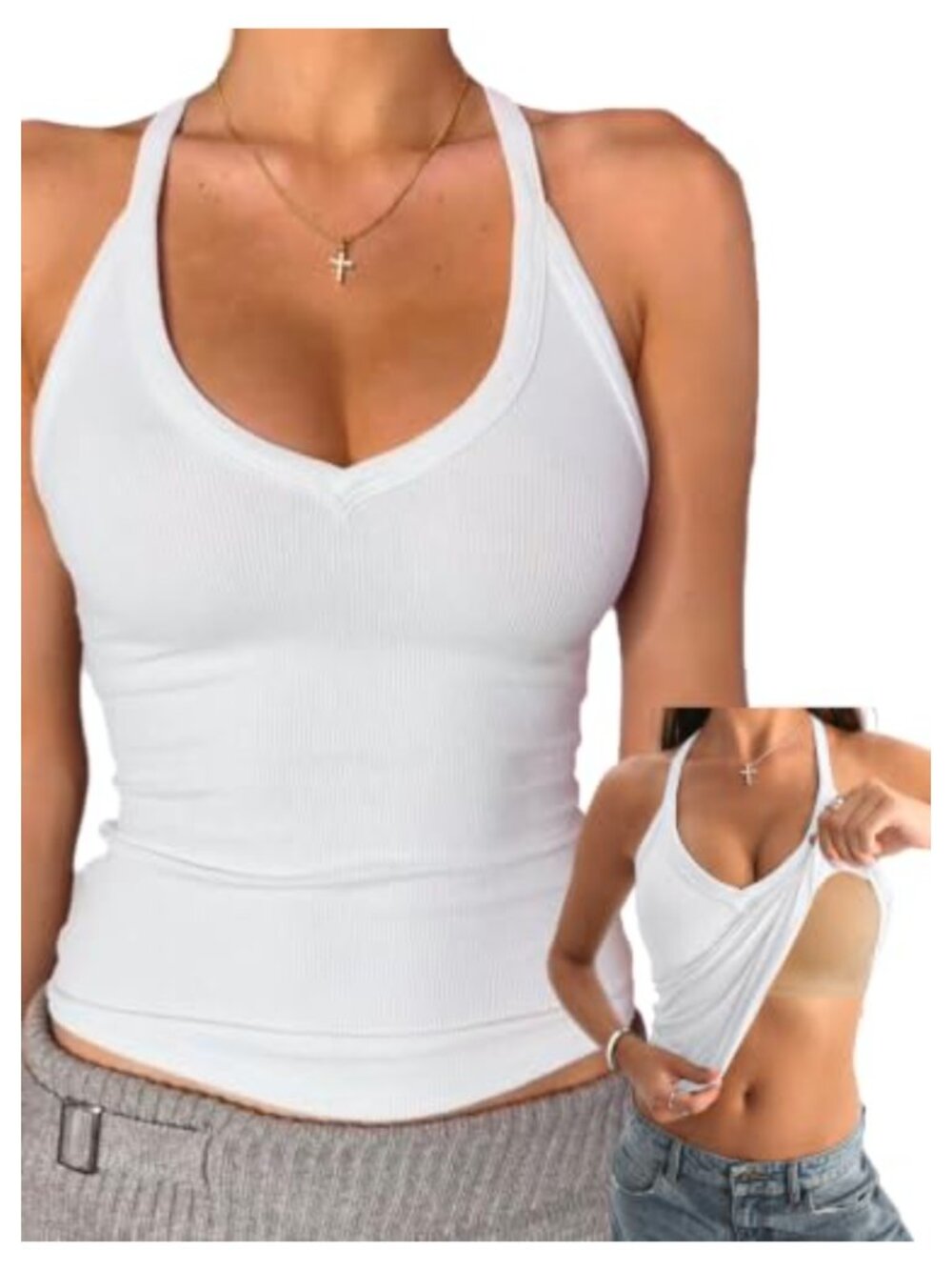 Women's Summer Tank Top Built in Bra V Neck Fitted Camisole